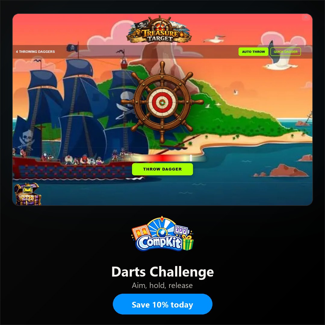 Darts Challenge affiliate image: the game in play with the CompKit logo and a Save 10% today call to action