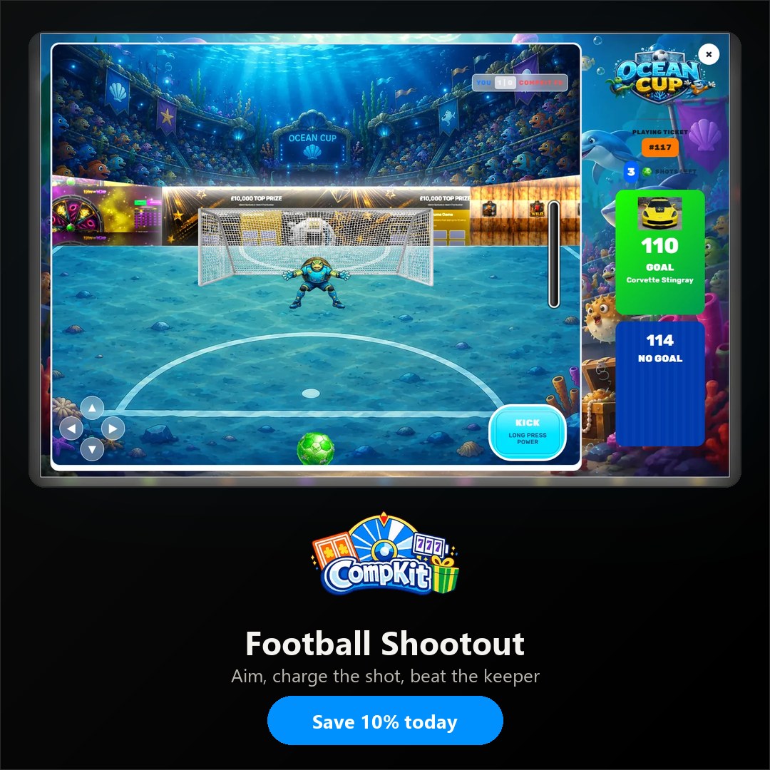 Football Shootout affiliate image: the game in play with the CompKit logo and a Save 10% today call to action