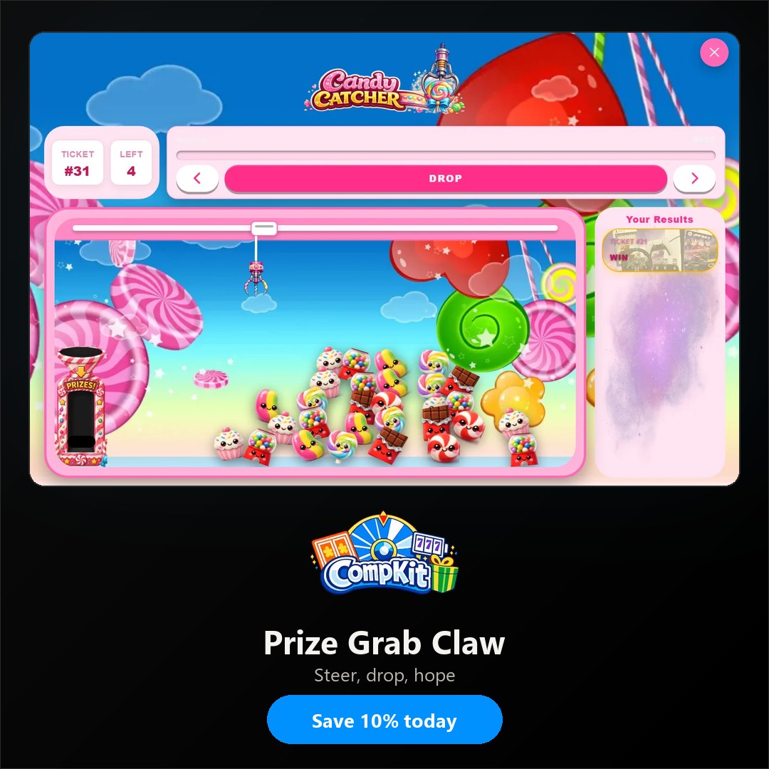 Prize Grab Claw affiliate image: the game in play with the CompKit logo and a Save 10% today call to action