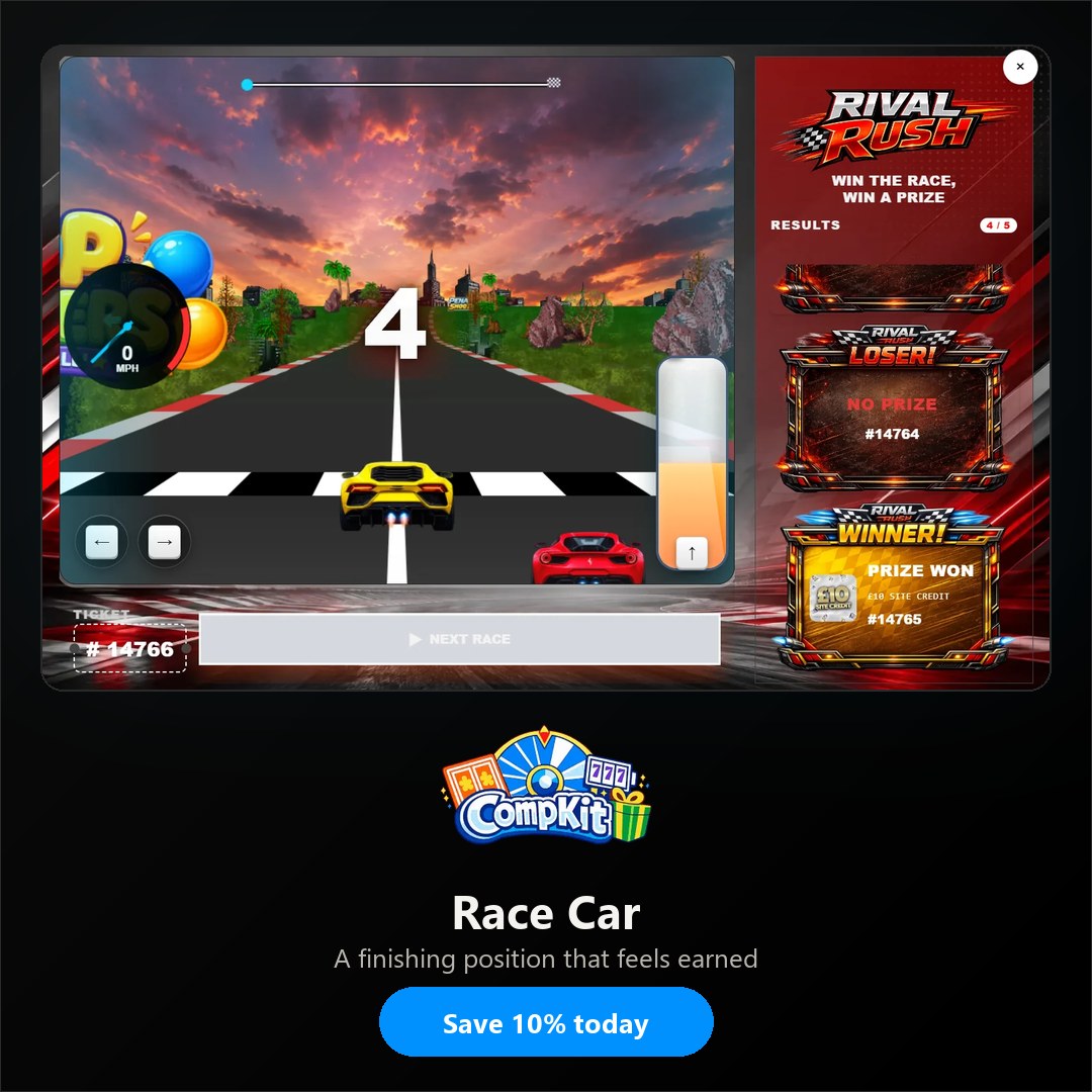 Race Car affiliate image: the game in play with the CompKit logo and a Save 10% today call to action