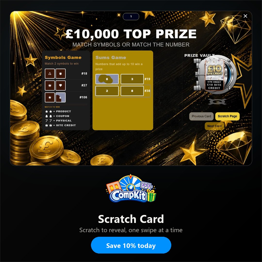 Scratch Card affiliate image: the game in play with the CompKit logo and a Save 10% today call to action