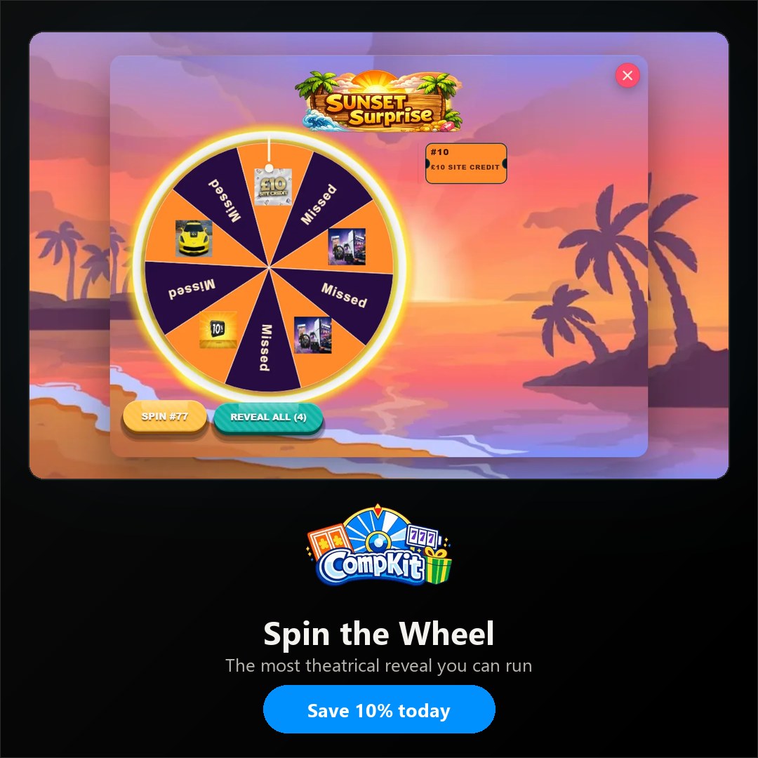 Spin the Wheel affiliate image: the game in play with the CompKit logo and a Save 10% today call to action