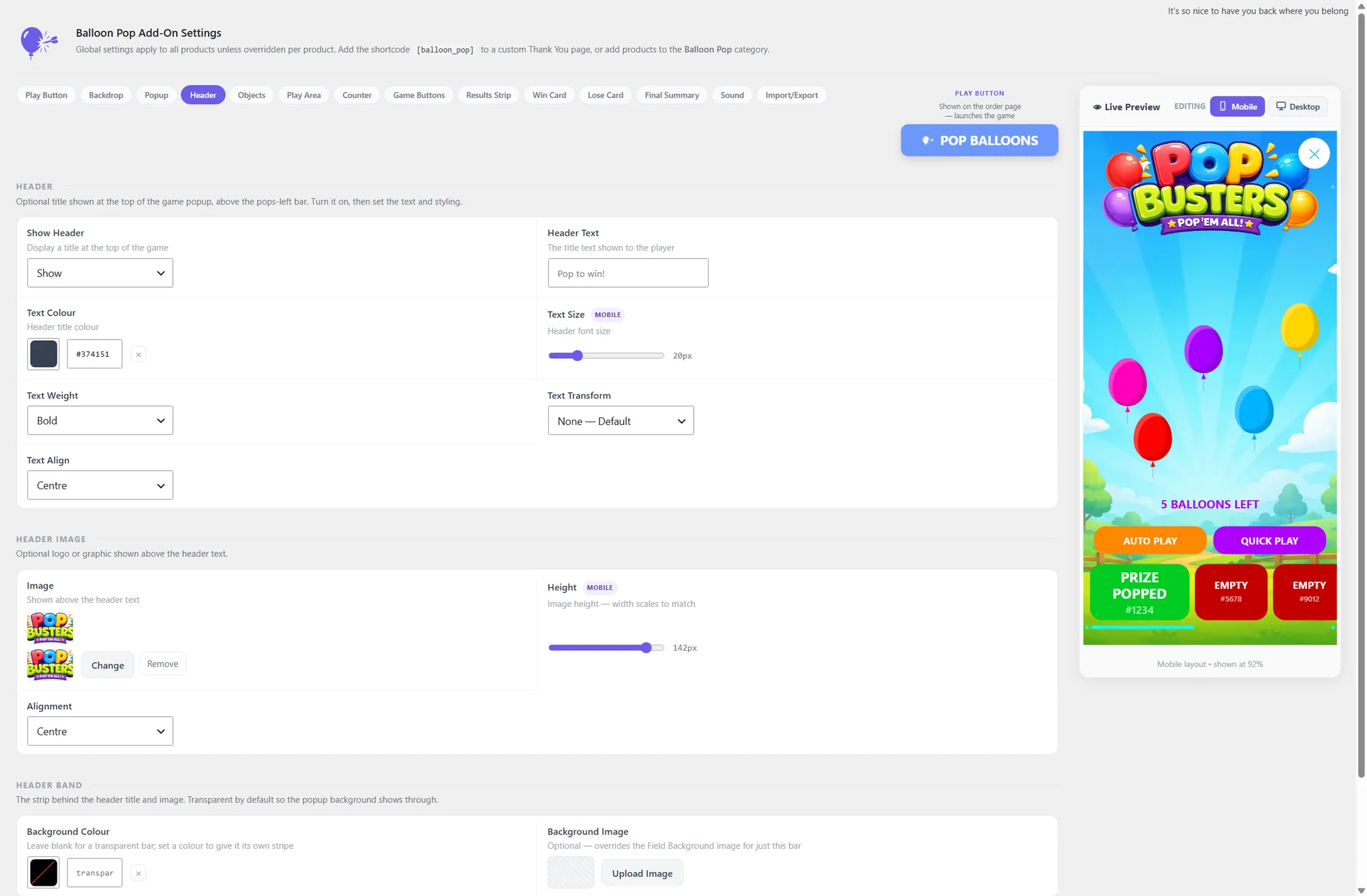 The full Balloon Pop global settings screen, with the live preview in mobile layout showing the Pop Busters theme phone-sized