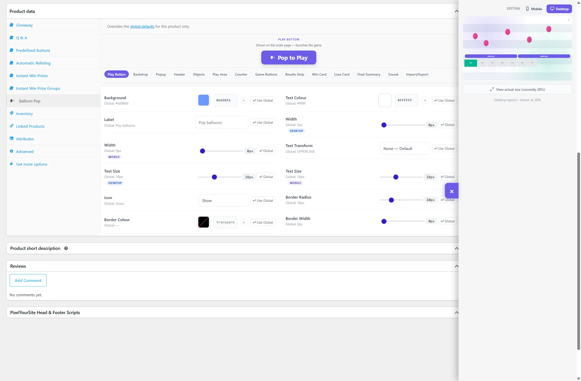 The full Balloon Pop settings screen inside a giveaway product, with a Use Global reset beside every field, and the live preview on desktop layout