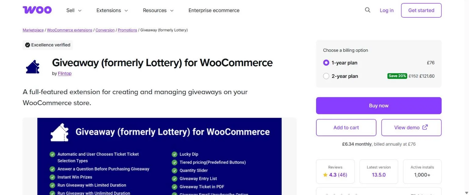 Flintop's Giveaway (formerly Lottery) for WooCommerce product listing on woocommerce.com