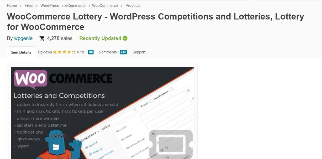 WPGenie's WooCommerce Lottery product listing on CodeCanyon