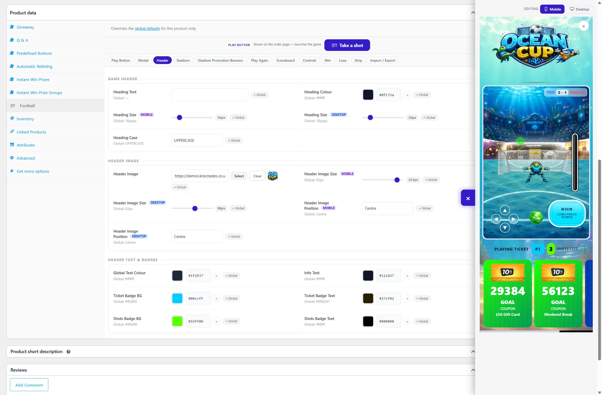 The full Football Shootout settings inside a giveaway product with the live preview on mobile layout — the game shown phone-sized
