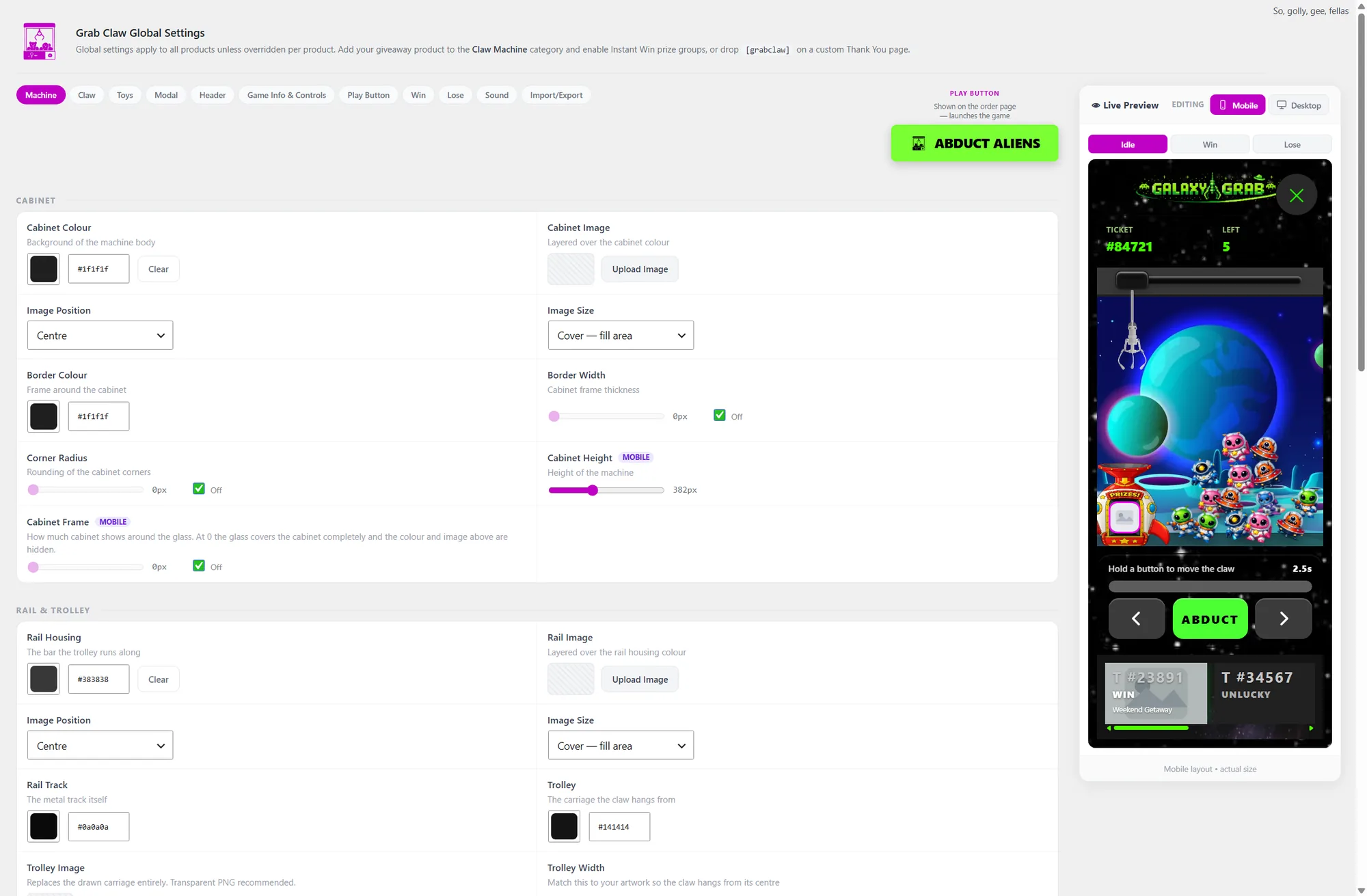 The full Prize Grab Claw global settings screen, with the live preview in mobile layout showing the Galaxy Grab theme phone-sized