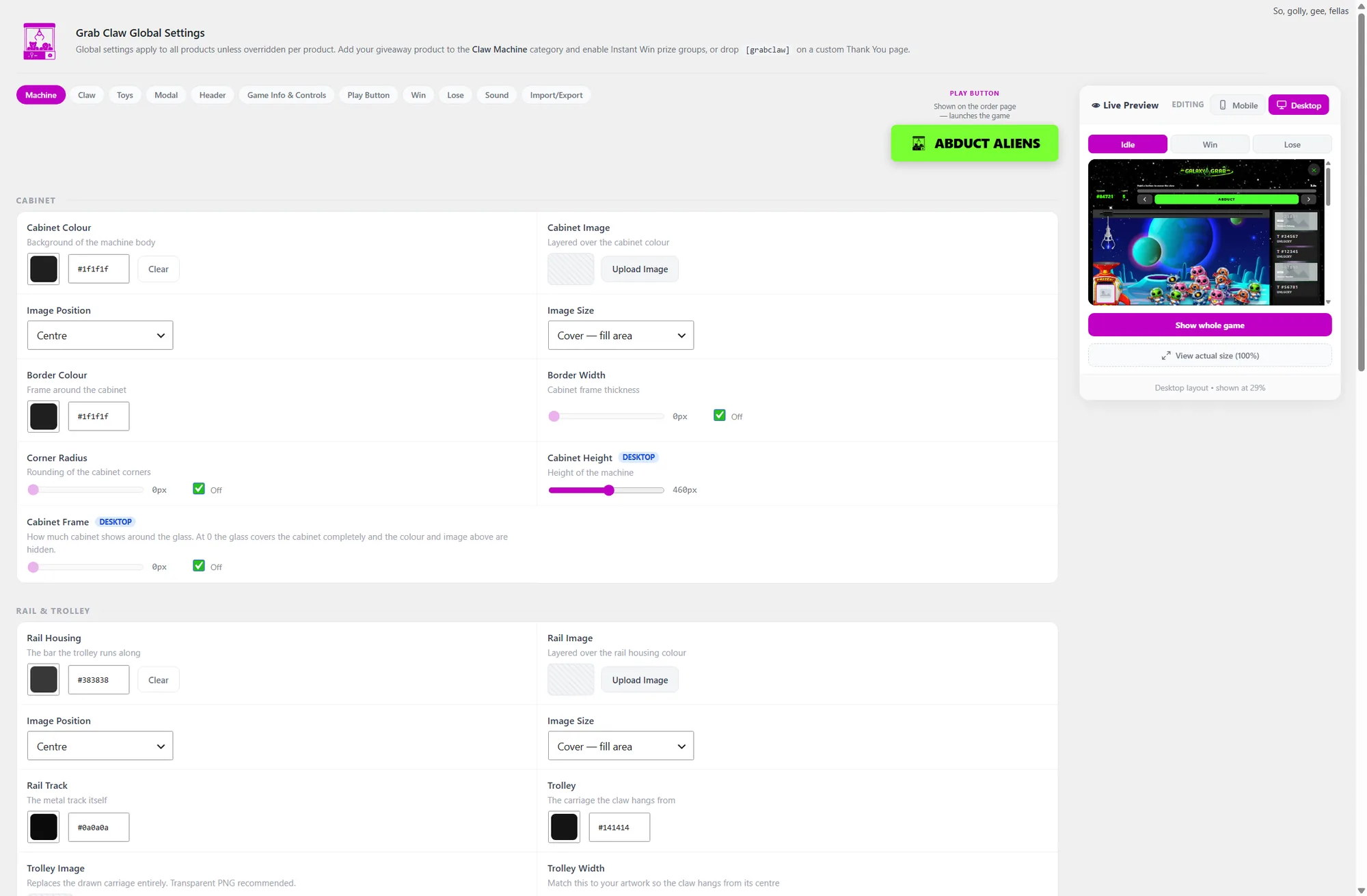 The full Prize Grab Claw global settings screen, with the live preview on desktop layout