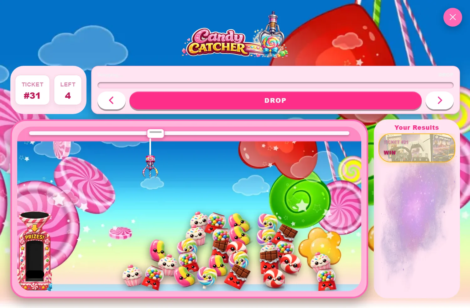 Prize grab claw machine reveal full of colourful prize blocks
