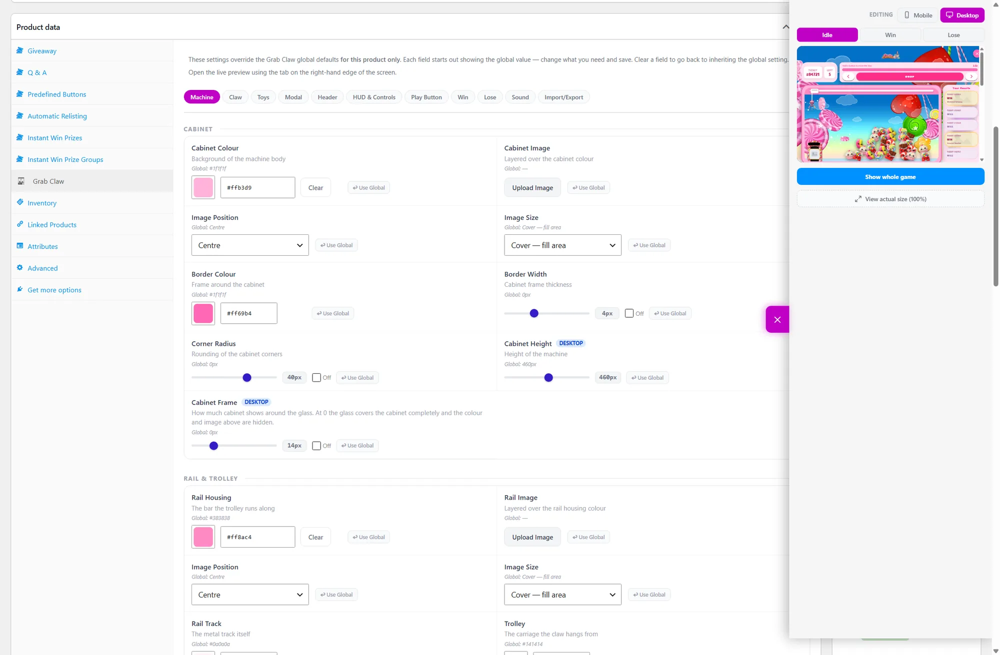 The full Prize Grab Claw settings screen inside a giveaway product, with the live preview on desktop layout