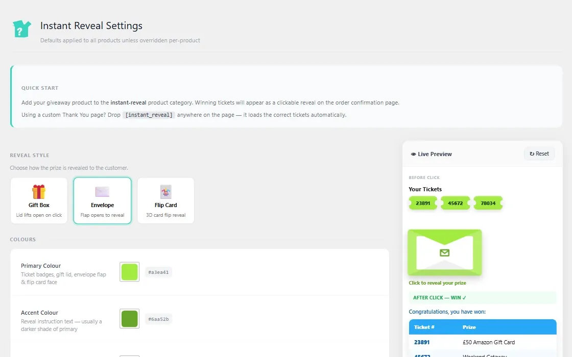CompKit Instant Reveal Settings admin screen showing reveal style options Gift Box, Envelope and Flip Card, colour pickers and a live preview