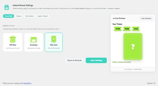 Instant Reveal global settings with the colour pickers and live before-and-after preview