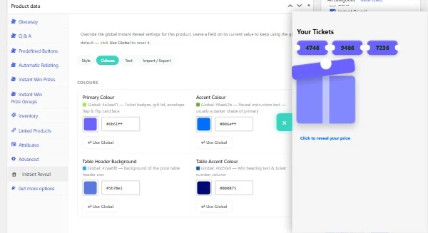 Instant Reveal settings inside a single WooCommerce product, overriding the global defaults