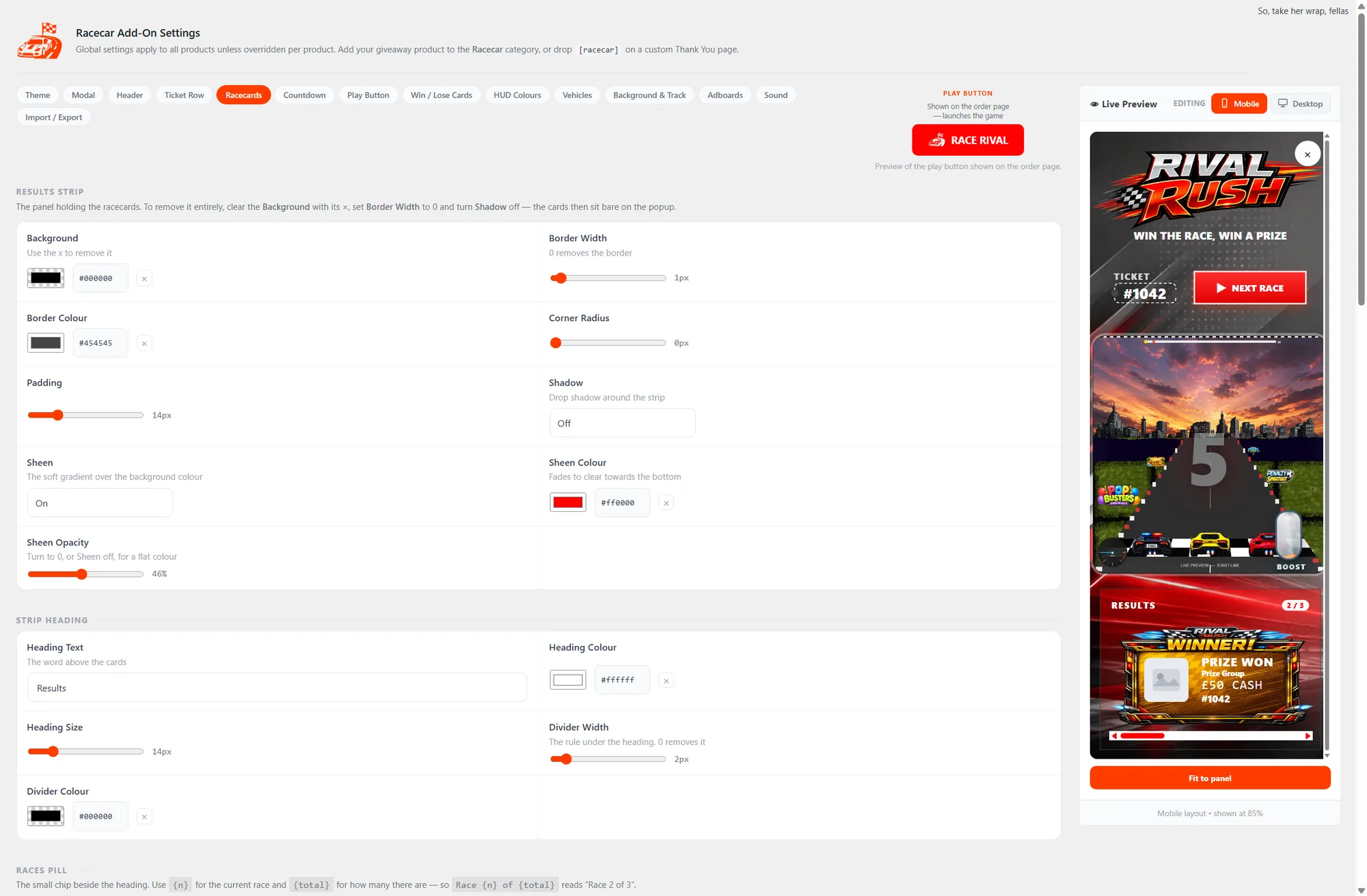 The full Race Car global settings screen in the WordPress admin with the live preview in mobile layout, showing the Rival Rush game phone-sized beside the settings fields