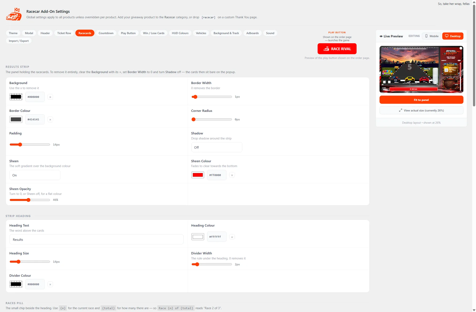 The full Race Car global settings screen in the WordPress admin, with a dedicated Adboards tab in the row and a live desktop preview showing the trackside advertising boards in place