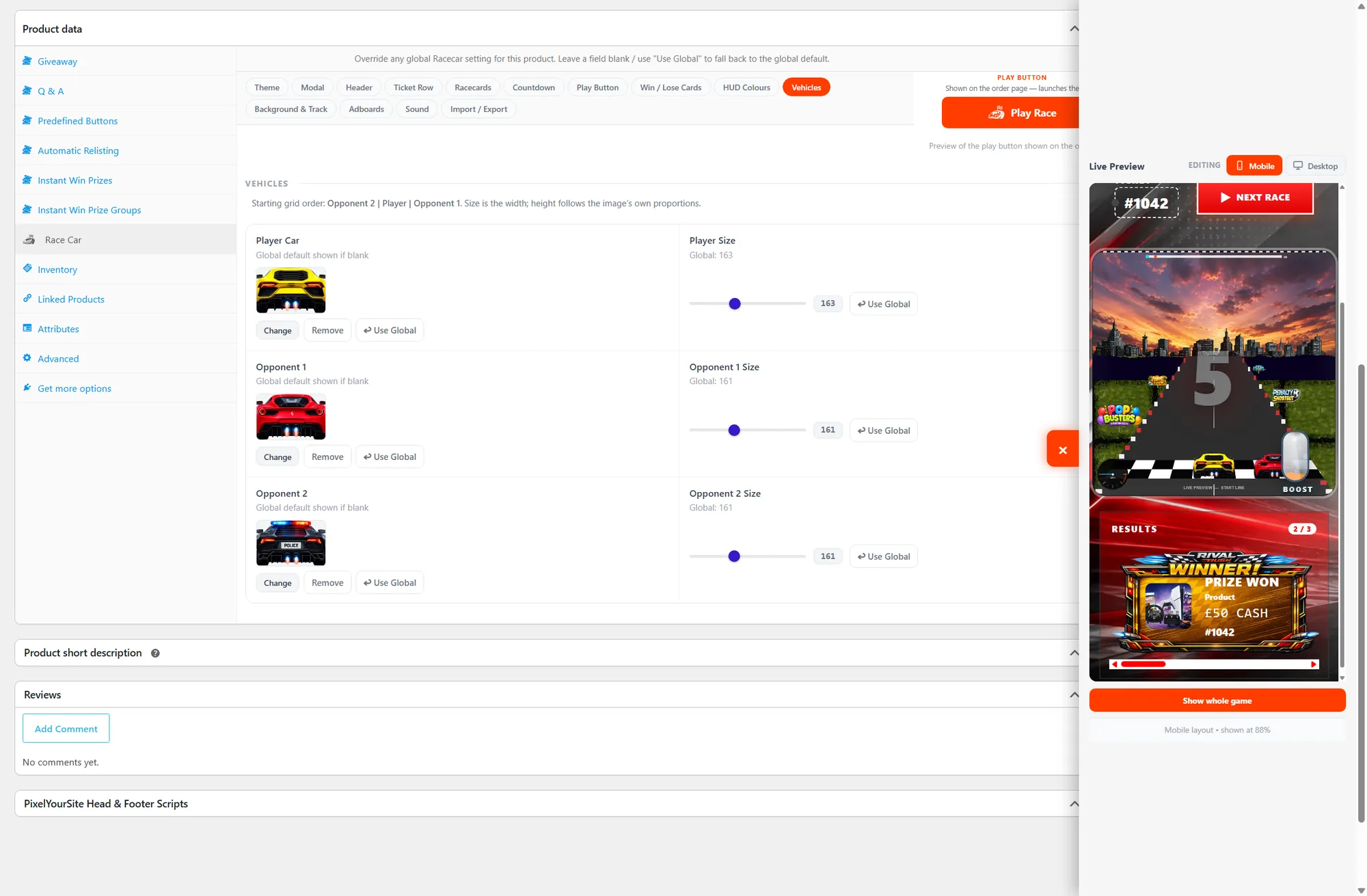 The full Race Car settings screen inside a giveaway product, with a Use Global reset beside every field, and the live preview on mobile layout, showing the game phone-sized