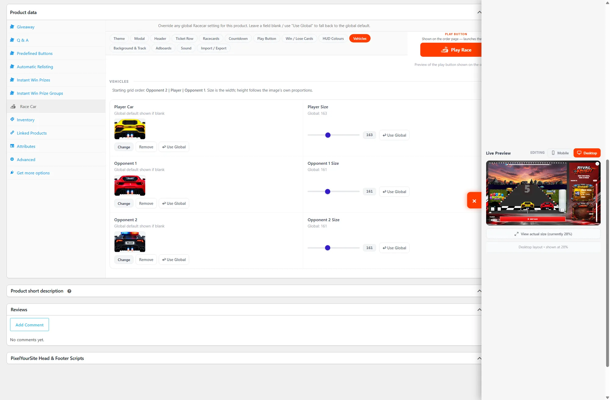 A real WooCommerce product edit screen with the Spin the Wheel tab open: each override field has a Use Global button to fall back to the global default, alongside the CompKit Licencing panel in the sidebar
