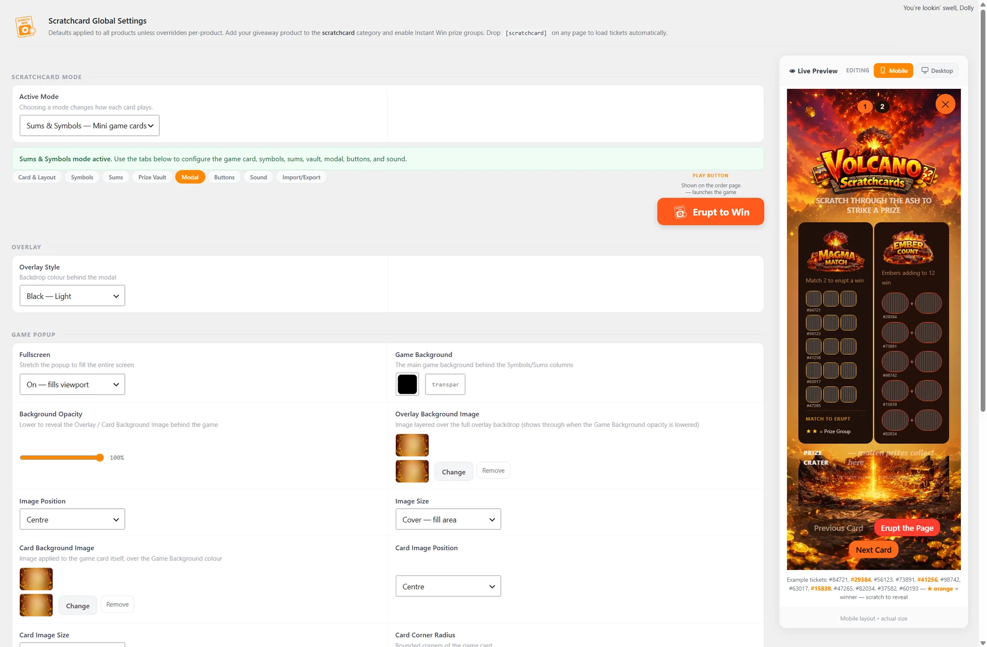 The full Scratch Card global settings screen in the WordPress admin, with the live preview in mobile layout showing the Volcano Scratchcards theme phone-sized