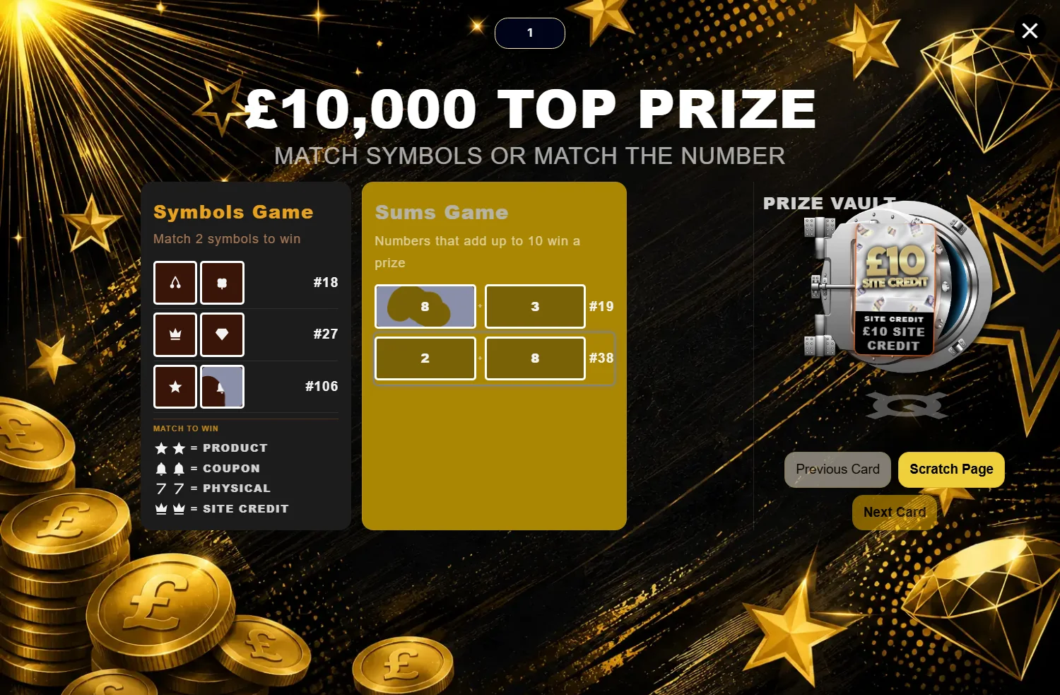 Scratch card reveal with a gold top-prize ticket