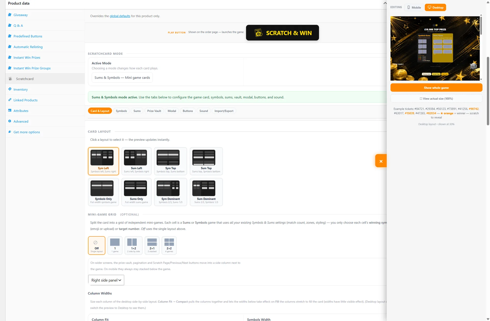 Classic mode Scratch Card settings on a single WooCommerce product