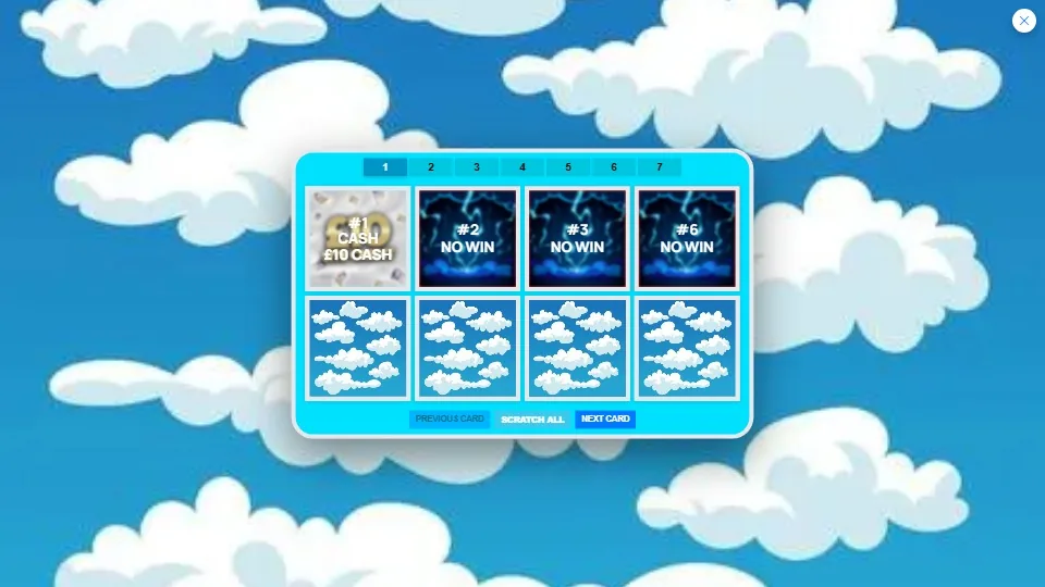 Classic scratch card mode with a grid of panels that scratch off to reveal a win or no win against a cloudy sky background