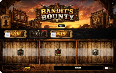 Slot Machine with the Bandit's Bounty theme: a wild west saloon, wanted posters and wooden reels