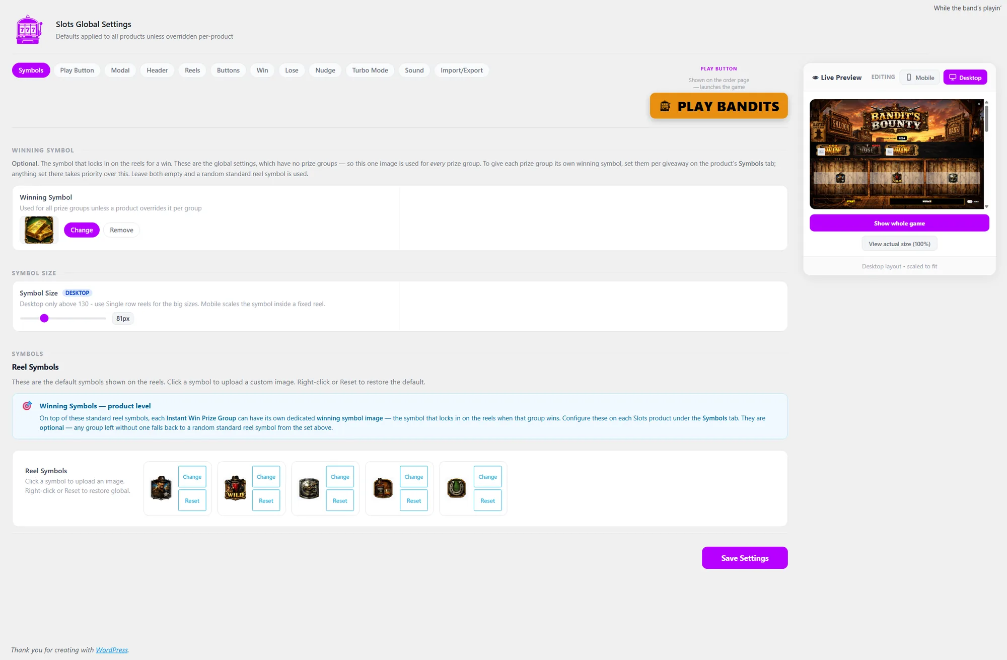 The full Slot Machine global settings screen, with the live preview on desktop layout