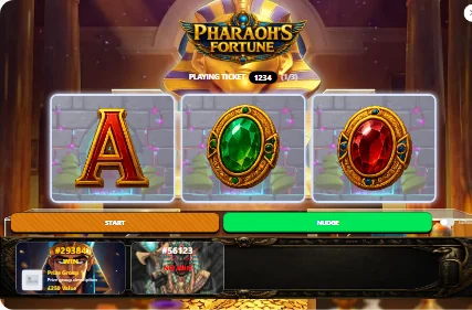 The same Slot Machine module with the Pharaoh's Fortune theme: an Egyptian tomb, a golden sphinx and jewelled reel symbols