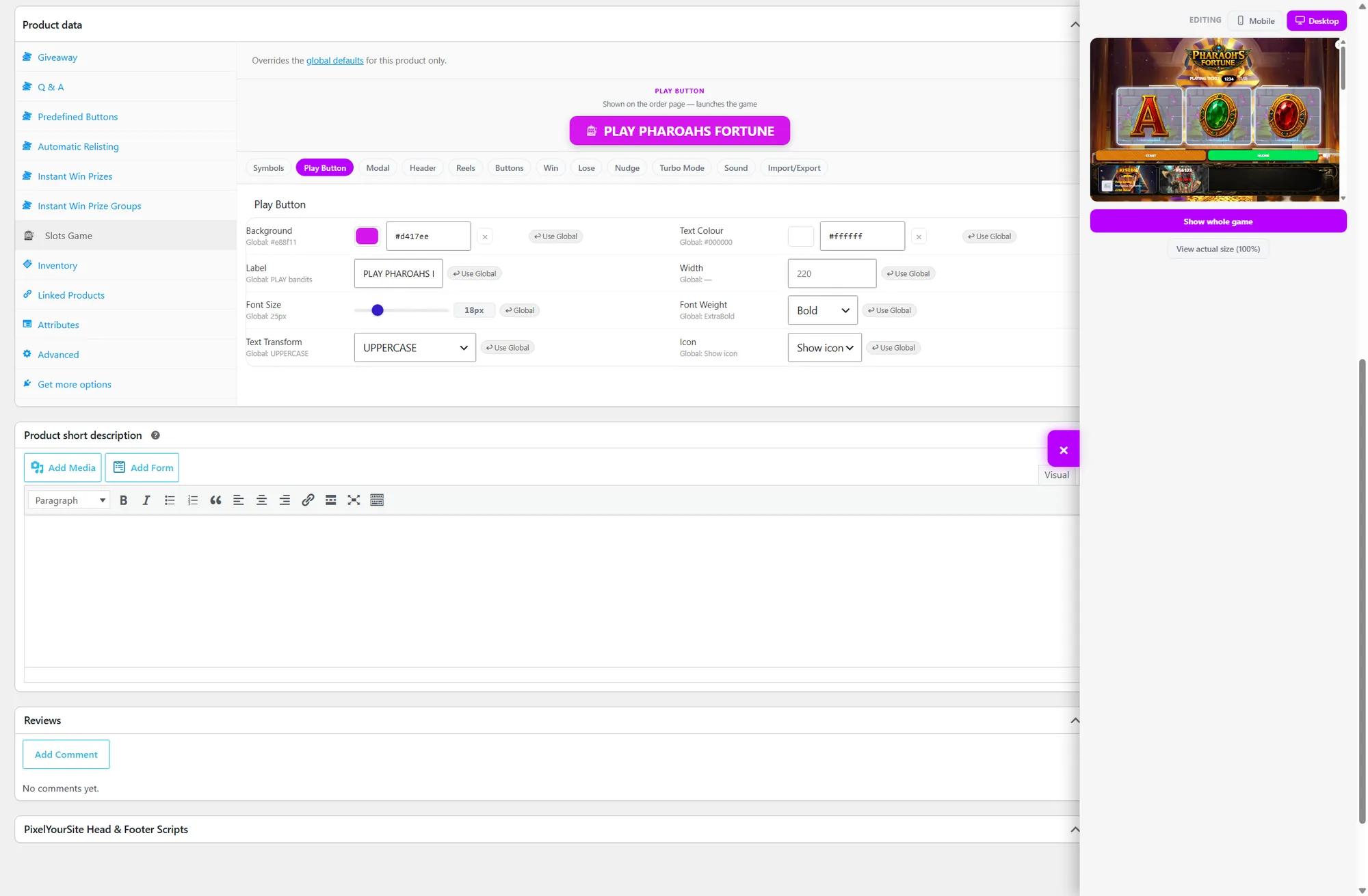 The full Slot Machine settings screen inside a giveaway product, with the live preview on desktop layout