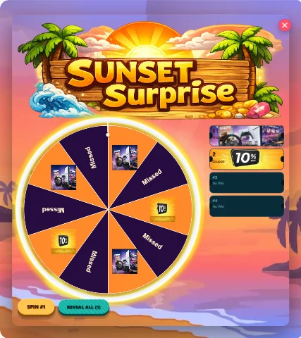The Spin the Wheel admin preview with Sunset Surprise applied at product level