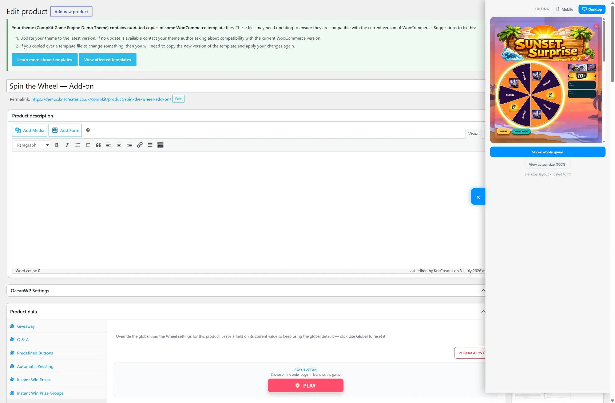 The full Spin the Wheel settings screen inside a giveaway product, with a Use Global reset beside every field, and the live preview on desktop layout