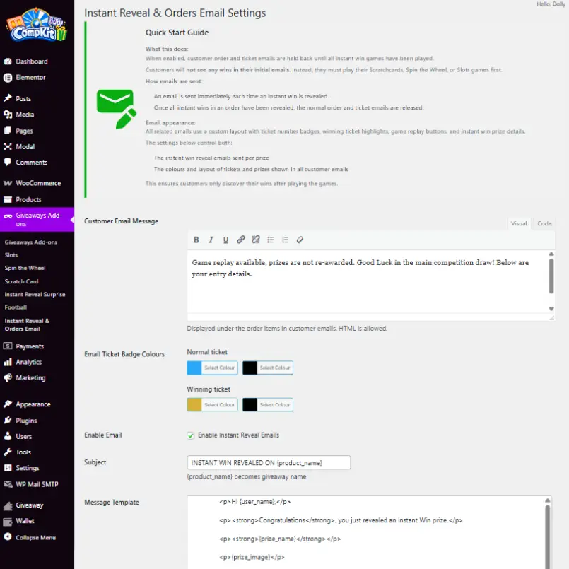 Instant Reveal Email Settings Panel