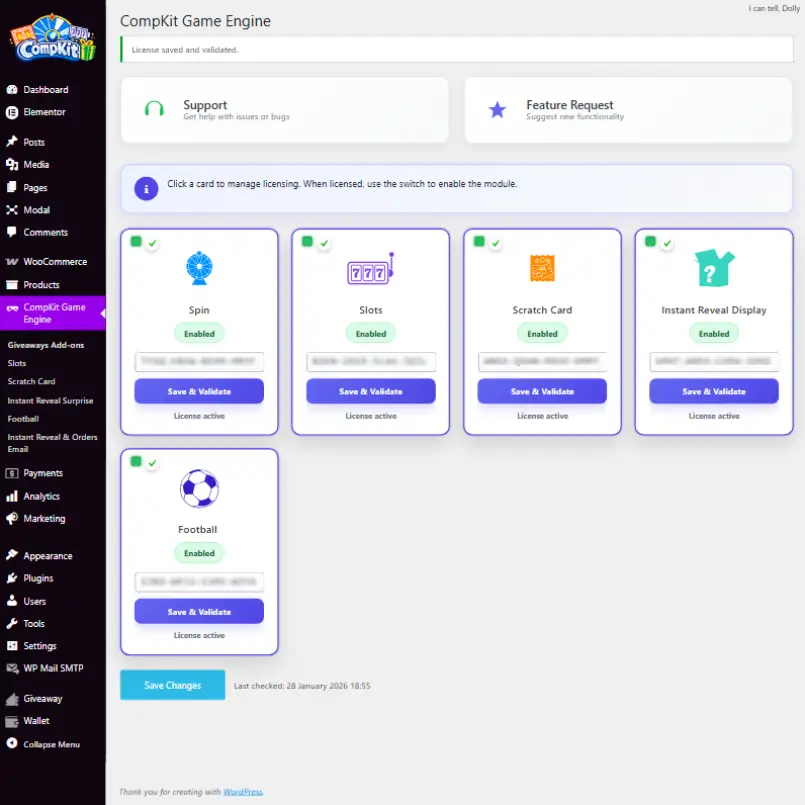 CompKit Game Engine licensing and module management screen